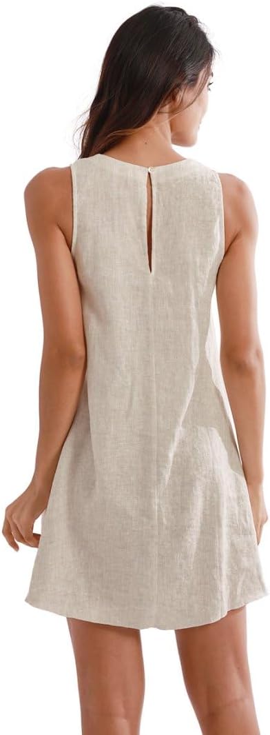 Amazhiyu Womens 100% Linen Summer V Neck Sleeveless Back Keyhole Mini Tank Dress - Image 2