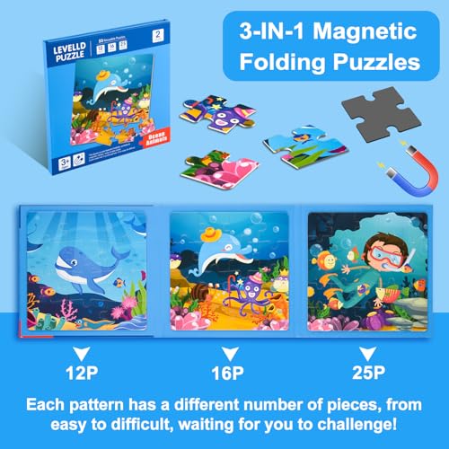 Image of ASTARON Magnetic Puzzles 53 Pieces Ocean Kids Educational Travel Toys | Folding puzzle book, each book contains 3 scenes, 3 difficulty levels, advanced puzzle book, easy to store, educational toy