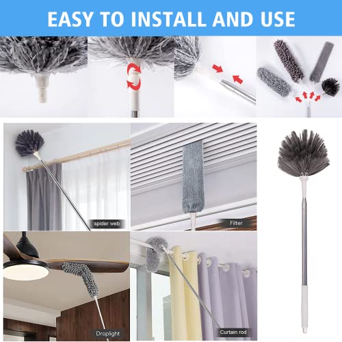 Microfiber Duster, 5Pcs Extendable Feather Duster (Stainless Steel) 30 To 100 Inches Extension Pole, Washable Dusters For Cleaning Ceiling Fan, High Ceiling, Blinds, Furniture, Cars #TOP1