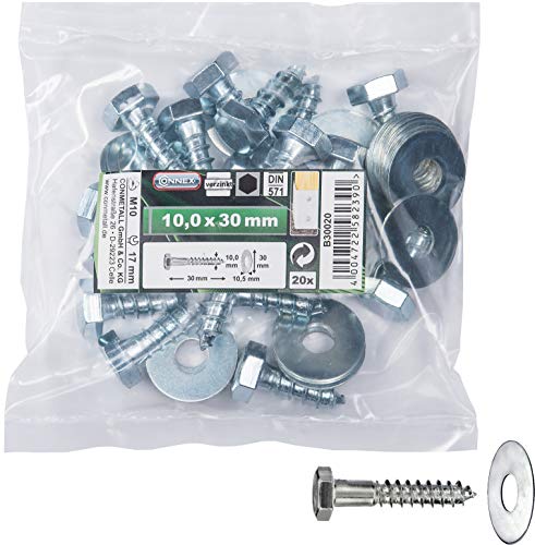 Connex Tornillos hexagonales para madera, 10 x 30 mm, 20 unidades, galvanizados, para todas las conexiones de madera, incluye arandelas, tornillos de llave, juego de tornillos, B30020