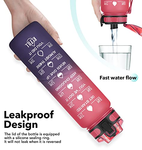Image of 32oz Motivational Water Bottle with Time Marker & Fruit Strainer, Leak-proof BPA Free Non-Toxic 1l Bottle with Carrying Strap, Perfect for Fitness, Gym and Outdoor Sports (Ombre: Dark Rainbow)