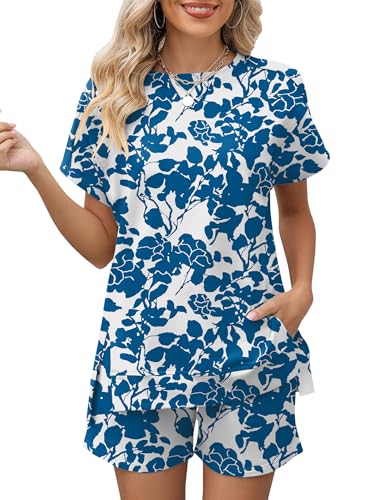 Image of LOMON Womens Fashion 2 Piece Outfits Sweatsuits 2026 Summer Short Sleeve Loungewear Tracksuit Round Neck Lounge Shorts Sets
