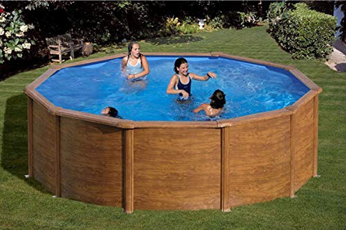 Summer Fun Stahlwandpool Set (5-teilig) hoch rund 460 x 120 cm, Stahl 0,4 mm Holzoptik Folie 0,3 mm blau