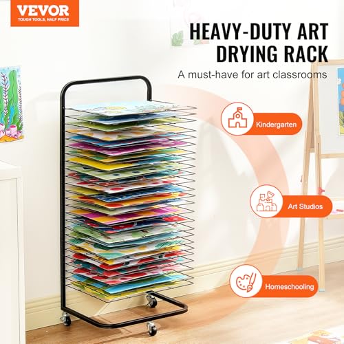 Image of VEVOR Art Drying Rack, 25 Removable Shelves, 17 x 13 x 39.4 inch Paint Rack with Lockable Wheels, Carbon Steel for Artwork in Classrooms, Art Studios and Schools, Black