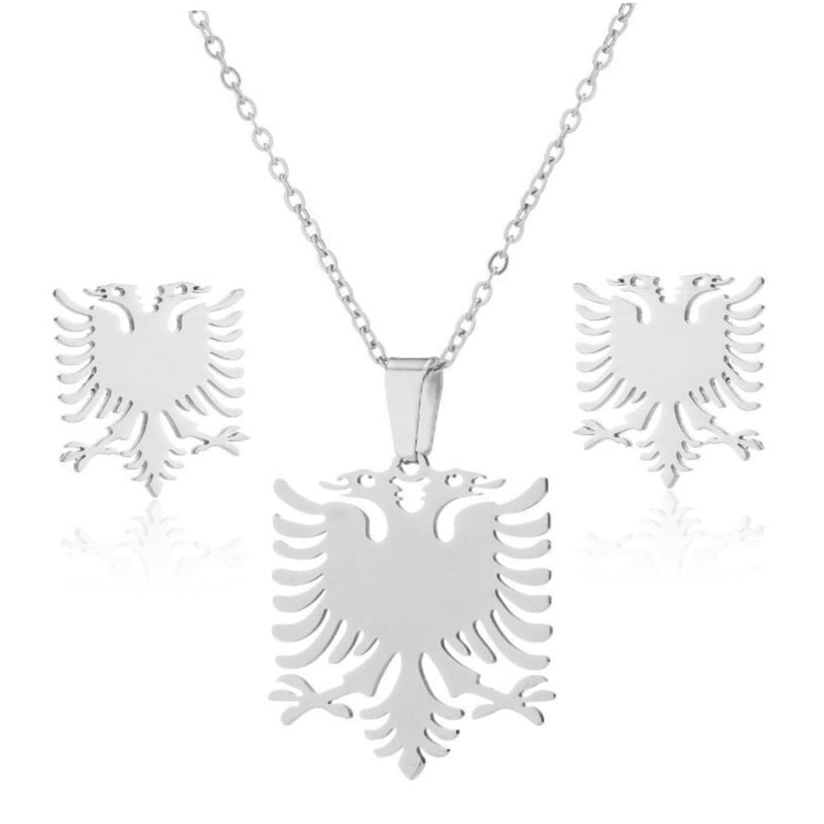 Kit collana con ciondolo orecchini in acciaio inossidabile lucido con aquila albanese, accessori di gioielli per donna uomo (1 paio di orecchini, 1 collana)