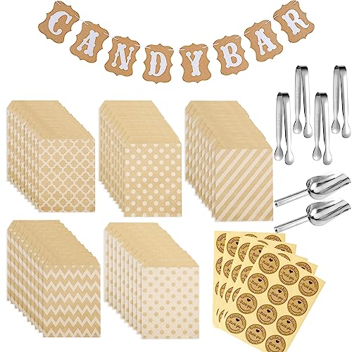Set di Accessori per Candy Bar Include 4 Pinze per Zucchero 2 Paletta Candybar 1 Banner di Candy Bar 5 Adesivi 50 Sacchetti per Caramelle per Decorazioni Matrimoni Compleanni e Feste