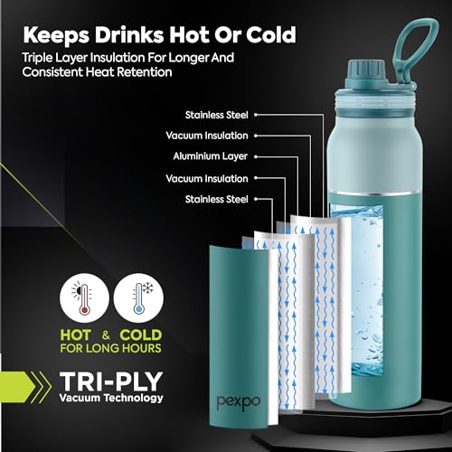 Image of Go24 pexpo Water Bottle 1 LTR ISI Certified Stainless Steel Bottle with Sipper Cap | 3 Layer Insulation | 2-Year Warranty |for Home, Office, Gym, Travelling | BPA Free | Austin 940ml | Green