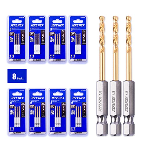 Jefe Hex 1/8" (Pack Of 3, 8 Packs, Total 24 Pcs) Hex Shank Hss Titanium Twist Drill Bit Set, 135 Degrees Split Point For Anti-Walking Drill Bits #TOP22