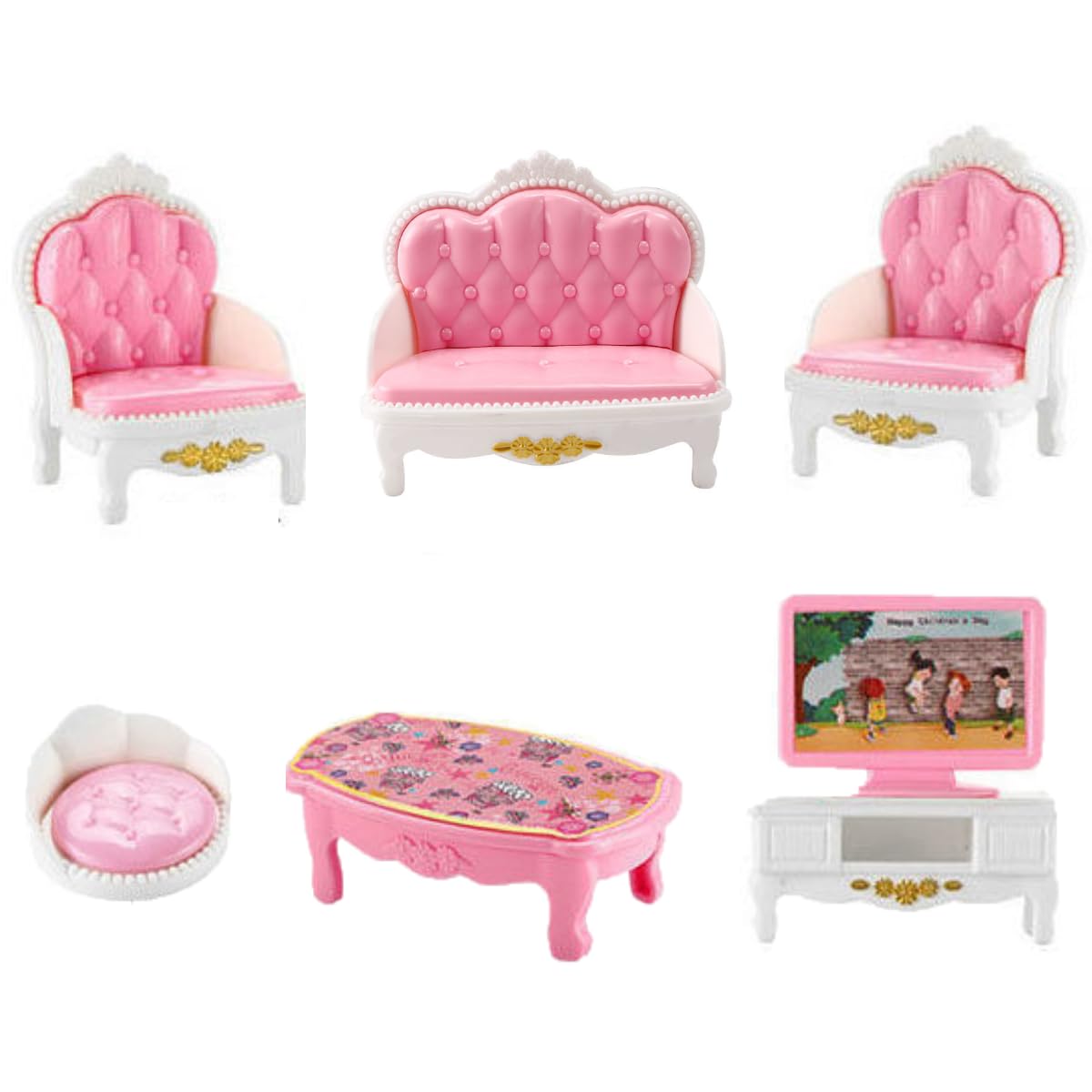 KARLOR dollhouse furniture set living room, 7 pieces miniature furniture set, sofa armchair table TV cushion coffee table