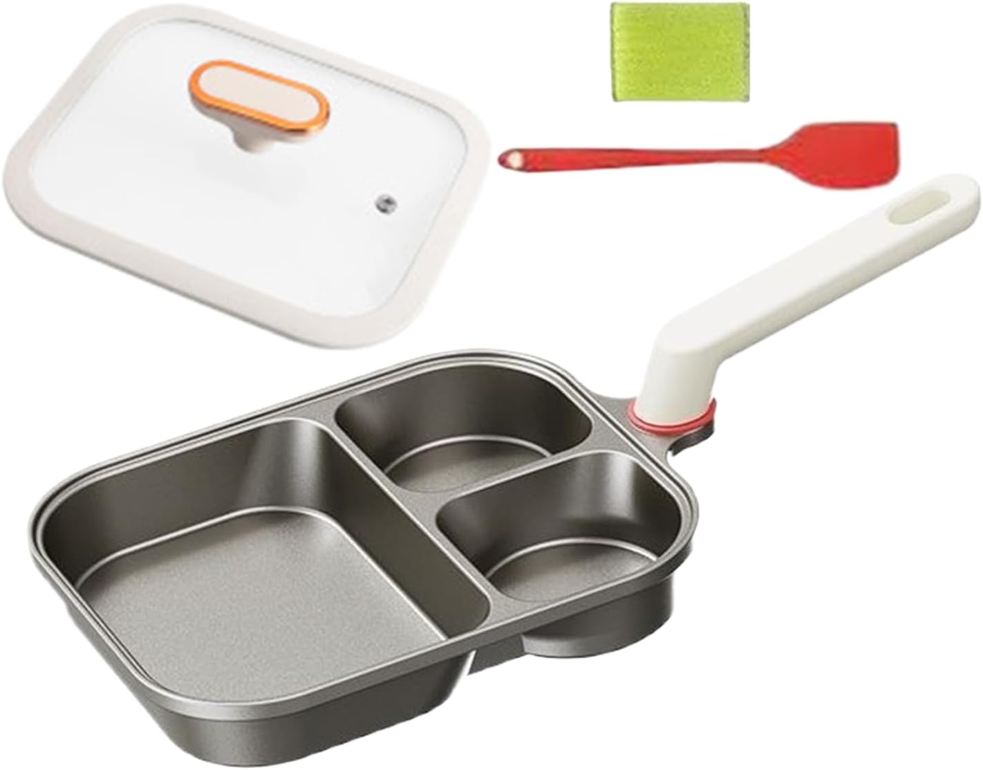 Kitchen Skillet - 3 Compartment Pan, 9.25in Egg Pans Nonstick, Titanium Frying Pans with Lid for Breakfast | Multi-Section Divided Skillet for Omelettes Pancakes Bacon Meal Prep Silicone Spatula Grey