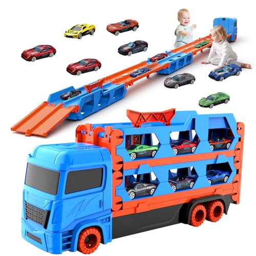 Camião de brincar com 8 carros, carro de brinquedo para crianças de 3,4, 5, 6, 7,8 anos, garagem, camião transportador portátil e dobrável com circuito de corridas de 61 polegadas, presente de