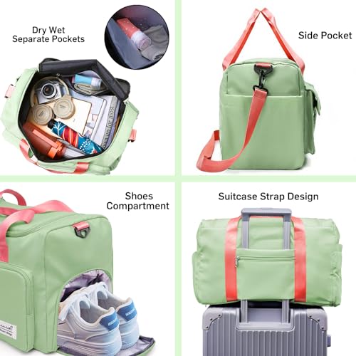 Image of Suruid Gym Bag with Shoe Compartment, Sports Duffle Bag for Women, Birght Green Pink, 19.68 x 11.02 x 11.02 inches | Dry Wet Separation Pouch, For Men and Women, Overnight Weekender Training Handbag Yoga Bag