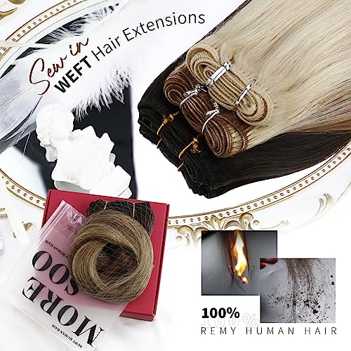 Moresoo Weft Hair Extensions Real Human Hair Balayage Brown to Light Brown with Medium Blonde Sew in Weft Hair Extensions Ombre 20 Inch 100g/Pack #3/8/22 - Image 2