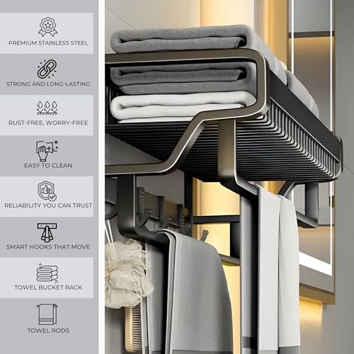 Image of IBELL 56 cm (22-Inch) Towel Rack with Hooks | Towel Rod | Towel Hanger | Bathroom Organizer| Corrosion Resistant, Anti-Peel and Scratch Resistant |