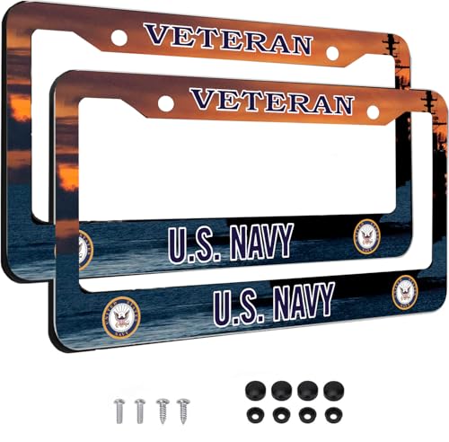 Image of 2PCS License Plate Frames for Veteran U.S.Navy,Car License Plate Bracket Holder, Premium Aluminum Alloy Weather Proof License Plate Covers with Screw Caps Cover Set Car Accessories