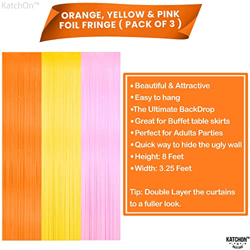 Image of KatchOn, Orange Pink and Yellow Fringe Backdrop - 3.25x8 Feet, Pack of 3 | Easter Backdrop for Easter Decorations for Home | Groovy Backdrop, Groovy Decorations | Bachelorette Party