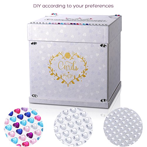 Unomor Wedding Card Box With 2 Color Ribbons, Rhinestone Slider And 3 Stylish Crystals, 10"X10" Textured White Gift Card Box With Golden Embossed Hearts Design #TOP1
