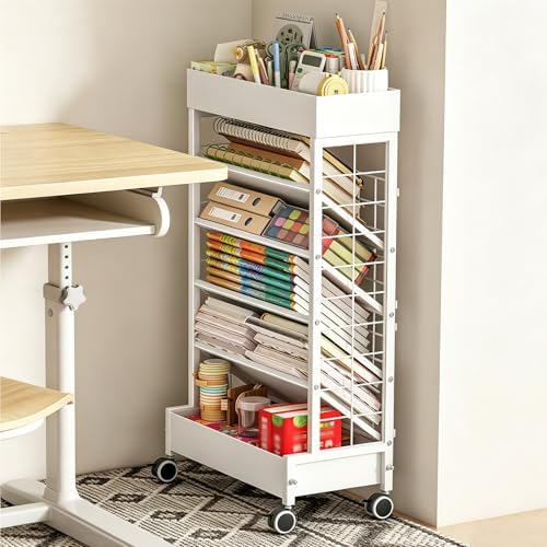 6-Tier Rolling Book Cart with Wheels - Slanted Open Design, Large Bottom Shelf, Versatile Office Paper Organizer for Books & Magazines (White)