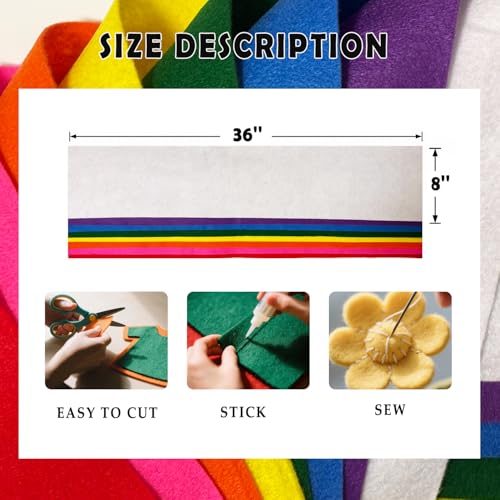 Image of Rainbow 8 Assorted Soft Felt Sheets Fabric, Each 8'' x 36'' 1.6mm Thick | Long Strip Felt, Fade Resistant, Washable, Ironable Polyester Nonwoven Fabric for DIY Crafts, Decor, Costume Padding