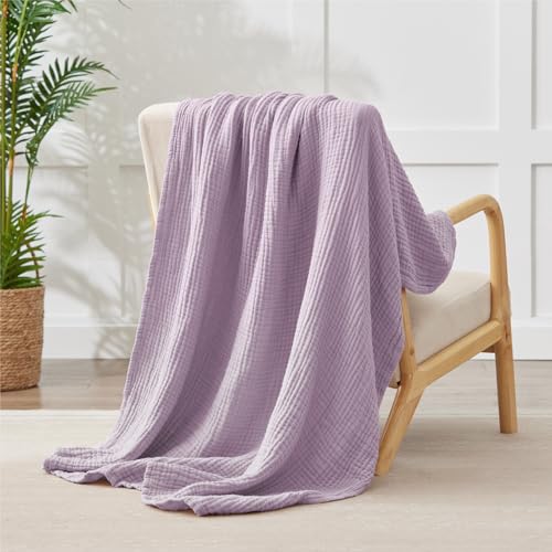 Image of 100% Cotton Muslin Blanket Large 50 inch x 70 inch, 6 Layers Breathable and Lightweight Cotton Throw Blanket for Bed and Couch, Soft Quilt Bedspread, Gauze Blanket for Adults All Season, Lavender