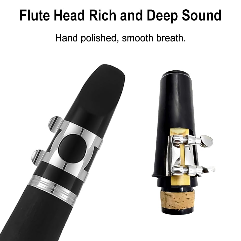 Clarinette en si bémol pour étudiant en bois d'ébonite si bémol 17 touches nickelé pour débutant avec 2 barils avec chiffon de nettoyage gants Noir Orchestre Instrument de musique