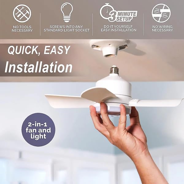Image of Socket Fan Light, Portable Ceiling Fan with LED Light, B22 Plug & Play, 1000 Lumens 5000K Cool White for Bedroom, Kitchen, Living Room, Office