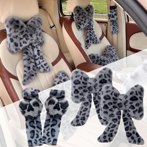 UINSUE Car Neck Pillow 2PCS Plush Bowknot Car Headrest Pillow – Comfortable Neck Support for Driving Soft Touch Fabric Car Pillow Cute Interior Decor (Blue Leopard Set 4)