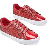 AISFAESㅤ AISFAES Women Glitter Sneakers Sparkly Low Top Sequins Sneakers Lace Up Tennis Shoes Comfort Bling Shoes Fashion Shiny Walking Shoes(Red Glitter,US6)