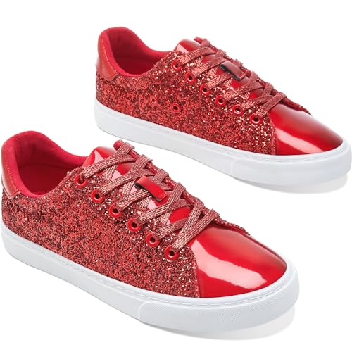 AISFAES Glitter Sneakers Sparkly Low Top Sequins Sneakers Lace Up Tennis Shoes Comfort Bling Shoes Fashion Shiny Walking Shoes(Red Glitter,8 Women-6.5 Men)