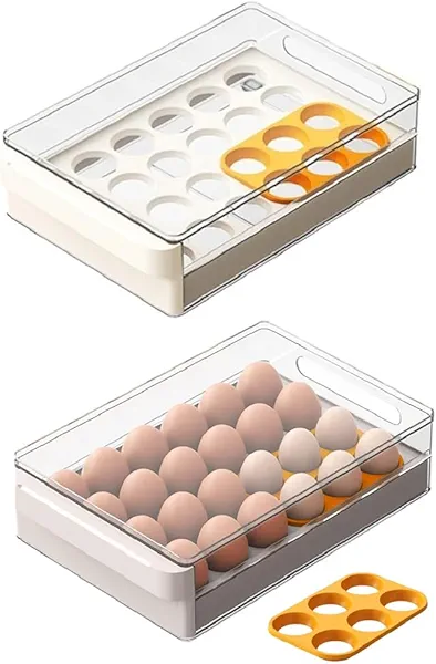 Slideep Egg Storage Container for Refrigerator, Clear Egg Drawer 24 Capacity Egg Holder Egg Tray with Non-Slip Pads, BPA Free, 2 Pack