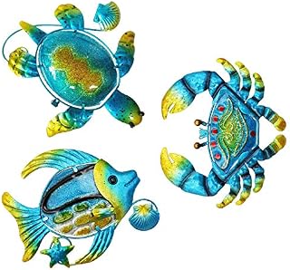 Metal Wall Decor Outdoor Wall Art, Set of 3 Metal Sea Turtle, Fish and Crab Outdoor Wall Decor, Ocean Themed Metal Art Wall Decor for Home, Bathroom, Bedroom, Garden, Pool, Patio, Deck, Balcony