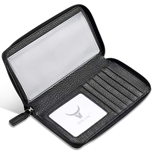 Image of HISCOW Leather Checkbook Cover, Zippered Wallet, Pebbled Black | Full grain cowhide, 5cc & ID window, personal check book & register pockets, removable duplicate divider, women secure zipper