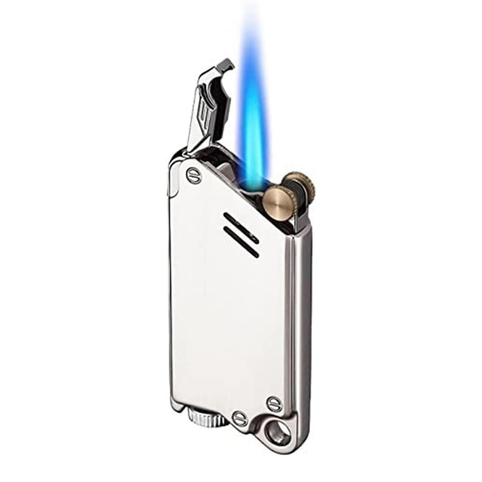 Encendedor de butano recargable con llama azul ajustable de metal resistente al viento