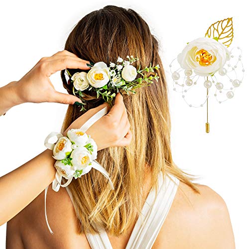 Wrist Corsage Floral Handmade Set- Hand Flower Bracelet Greenery Hair Comb Floral White Headpiece Bridal and Boutonniere with Pins Accessories for Wedding Prom Homecoming for Women Mens Mothers Grooms
