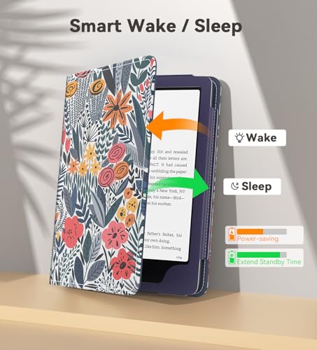 Image of MoKo Case for 7 inch /6.8 inch Kindle Paperwhite(12th /11th Gen-2024 /2021) and Kindle Paperwhite Signature Edition,Slim PU Shell Cover Case with Auto-Wake /Sleep for Kindle Paperwhite 2024, Blue Leaf Flower