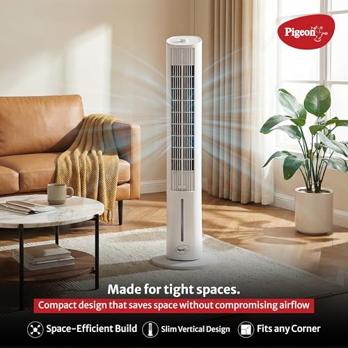 Image of Pigeon High Performance Tower Fan with Manual Control, 3 speed settings, Quiet Operation, Low Power Consumption and Lightweight Portable Body, White