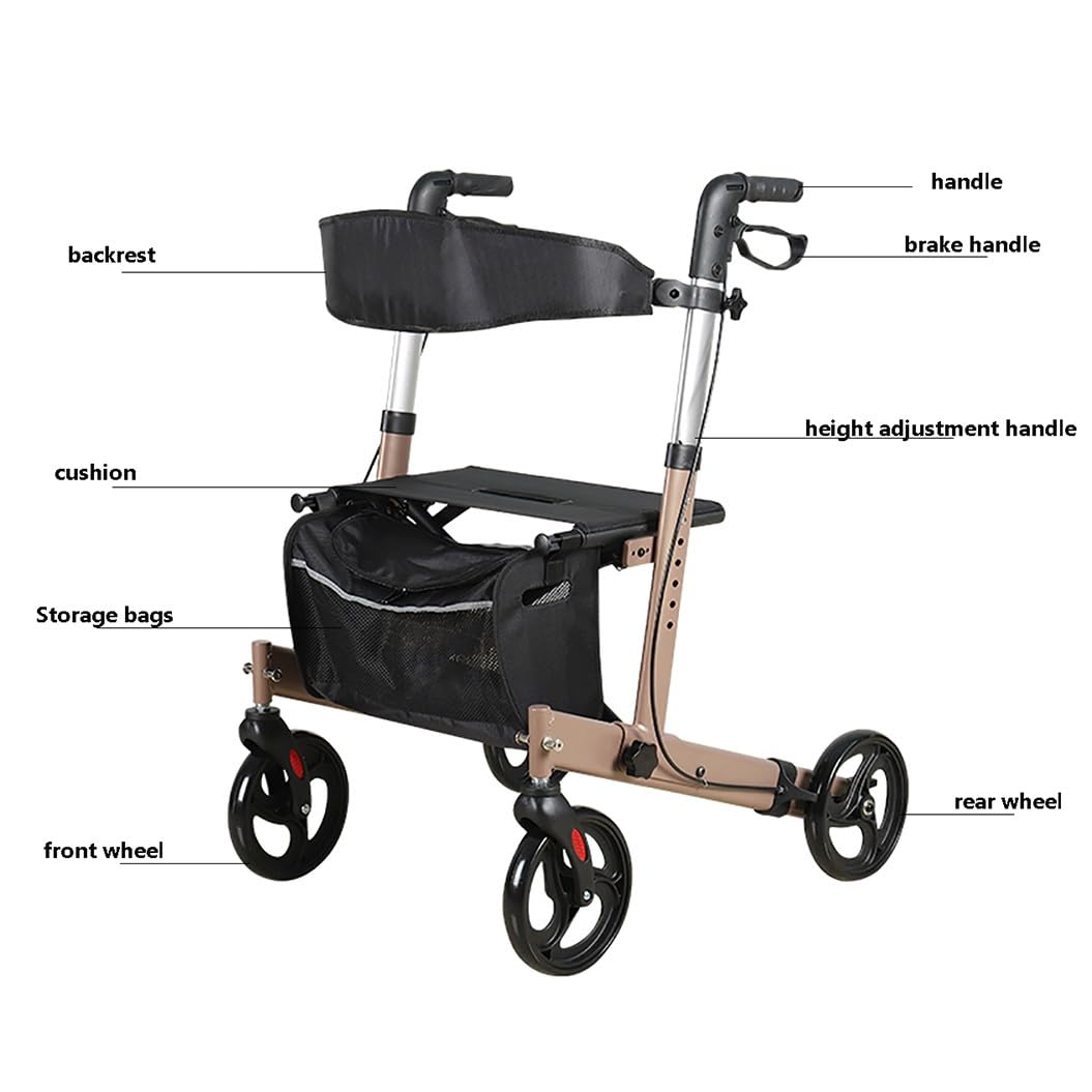 Andadores para Personas Mayores con 4 Ruedas,andador rollator con freno,Andador para Exteriores de Aluminio,Andador plegable ligero,altura ajustable gold