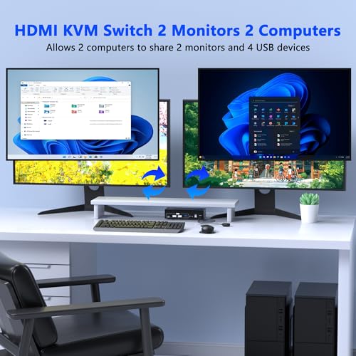 Image of HDMI KVM Switch 2 Monitors 2 Computers, 4K@60Hz USB KVM Switches Dual Monitor with 4 USB 3.0 Ports Sharing Keyboard Mouse Printer, Monitors Switch for 2 Computers, HDMI Switcher 2 in 2 Out