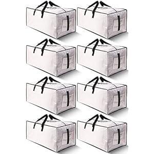 8 Pack Large Strong Moving Bags with Zippers & Carrying Handles – Water-Resistant – Heavy Duty Storage Tote for Space Saving, Fold Flat, Alternative to Moving Box (Semi-Transparent)