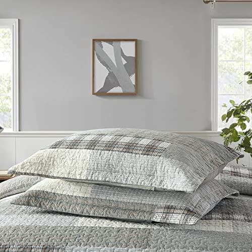 Image of PANGUSHAN Quilt Set King Size,100% Cotton Quilt Bedspread Bedding Set,Grey(Gray) /Cream /Khaki Patchwork Plaid Farmhouse Rustic Reversible Lightweight Comforter Bed Cover King Bed,All Season,3 Pieces