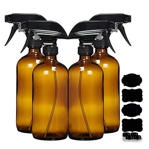 Homeries Amber Glass Spray Bottles For Cleaning Solutions (4 Pack) - 16 Ounce, Refillable Sprayer for Essential Oil, Water, Kitchen, Hair. Durable Black Trigger Sprayer w/Mist and Stream Settings