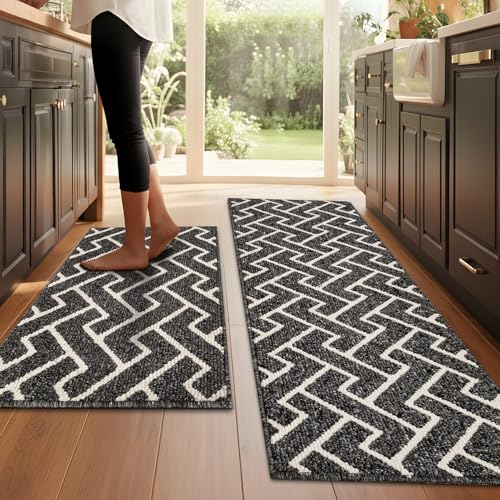 Image of hicorfe Indoor Door Mat,Set of 2 Non Slip Welcome Mats for Floor,Comfort Washabe Carpet for Hallways Entryway Laundry Room(24 inchx35 inch+20 inchx59 inch,Dark Grey)