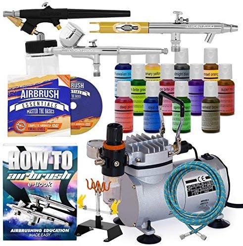 PointZero Cake Airbrush Decorating Kit - 3 Airbrushes, Compressor, and 12 Chefmaster Colors