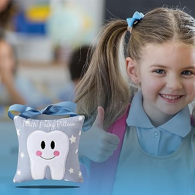 Tooth Fairy Pillow with Pocket for Kids Tooth Keepsake Pouch Tooth Fairy Bag on Back Toothfairy Gift for Boys and Girls, 6.8 x 6.8 inches (Light Blue)