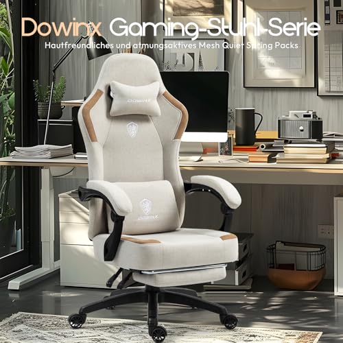 Sedia da gioco in tessuto con cuscino primaverile, per massaggi e gaming, con poggiapiedi, ergonomica, in PC, per gamer, capacità di carico 150 kg, colore: beige - Sedia gaming - Immagine 5