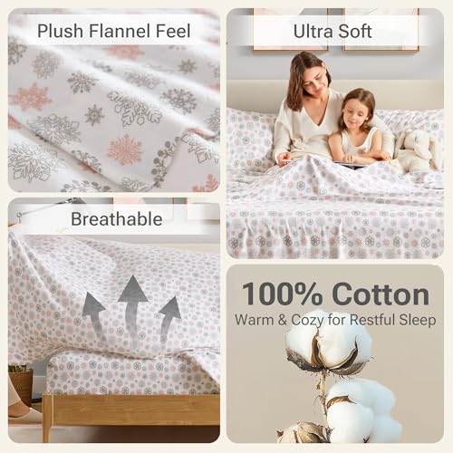True North by Sleep Philosophy Cozy Flannel Warm 100% Cotton Sheet - Novelty Print Animals Stars Cute Ultra Soft Cold Weather Bedding Set, King, Pink/Grey Snowflakes 4 Piece