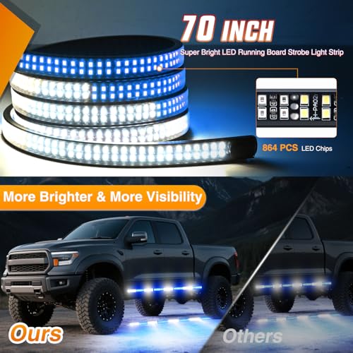 Image of Nilight 2PCS 70 Inch Emergency Strobe Light Strip with Controller 864 LED Blue White Running Board Lights Flexible Side Flashing Warning Caution Safety Waterproof for Truck Construction Pickup