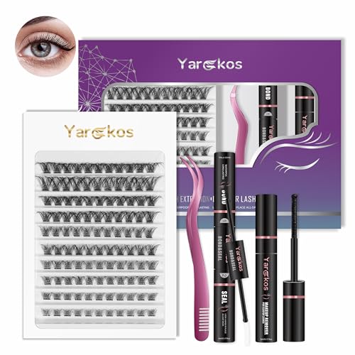 4-in-1 Individual Eyelash Extension Kit, 110Pcs D Curl Clusters False Lashes Mix 8-10-12-14-16mm, 2-in-1 Bond Seal Glue, Makeup Remover, Lash Tweezers with comb, DIY Application at Home, Purple-A3