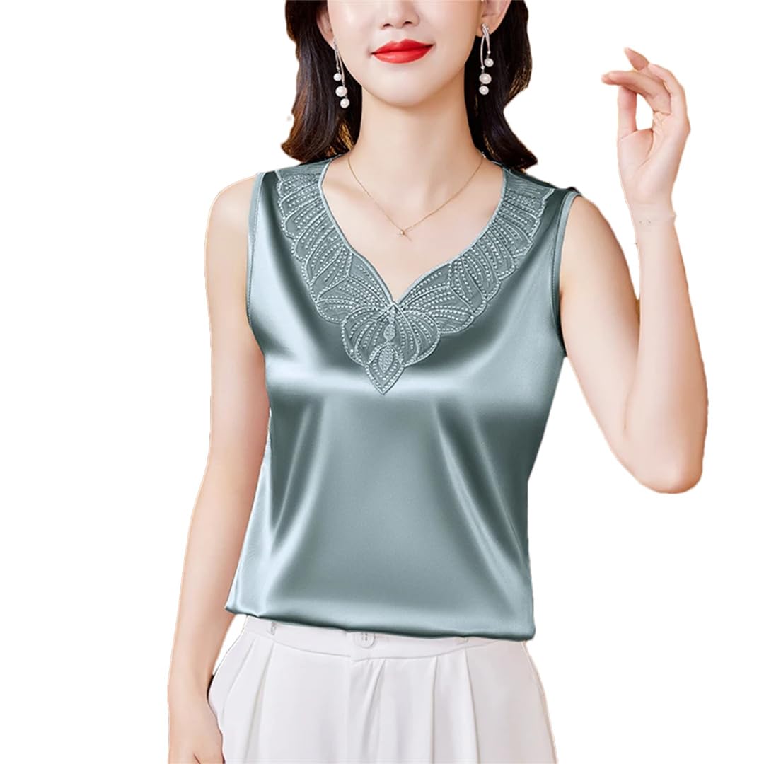 Canotte da donna senza maniche in raso di seta camicia primavera estate scollo a V gilet in pizzo patchwork