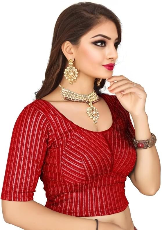 Jacquard Striped Stretchable Fit & Comfhy Round Neck Half Sleeve Readymade Saree Blouse Stylish Crop Top Choli for Girls & Women
